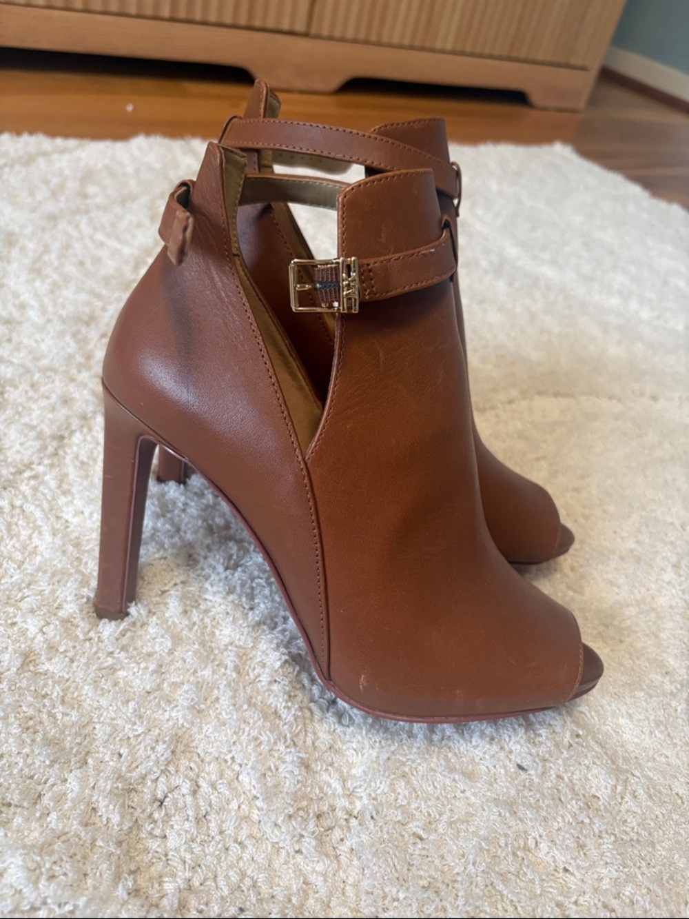 Michael Kors Tan Brown Peep-Toe Ankle Booties with Buckle